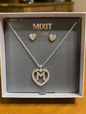 Mixit Silver Heart 'M' Necklace with Crystal Heart Studs